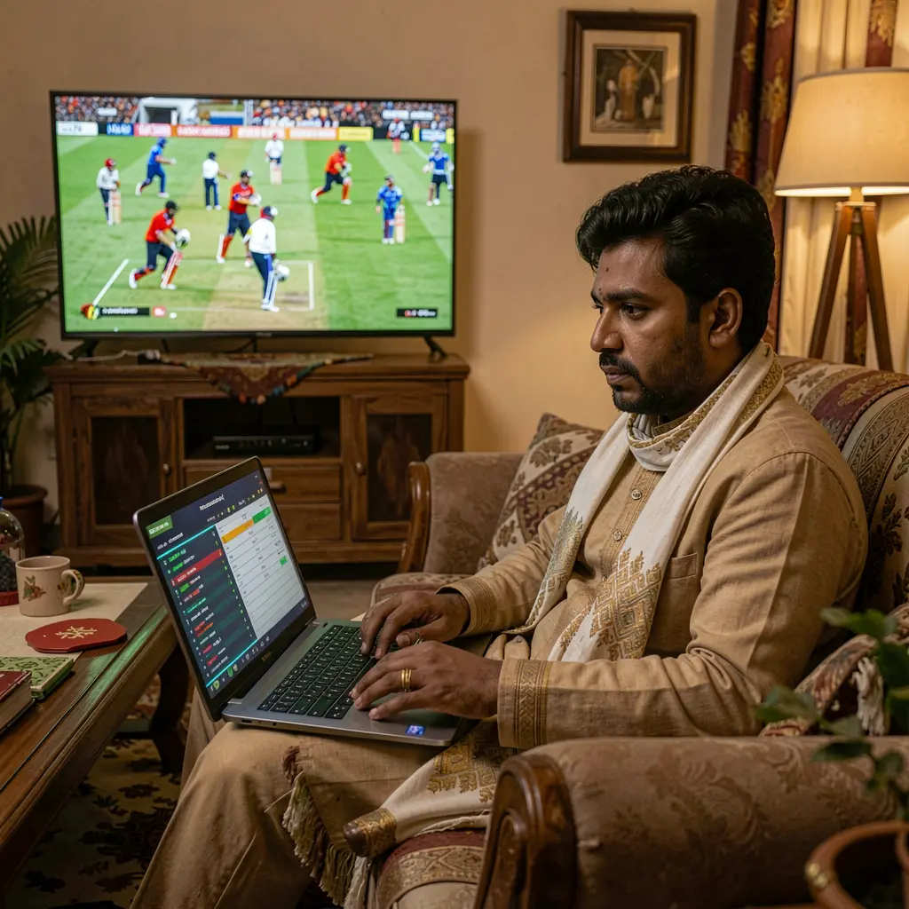 Focused Bangladeshi sports bettor placing live cricket bets on a laptop with 9I999 while watching a match on TV in a cozy home setting