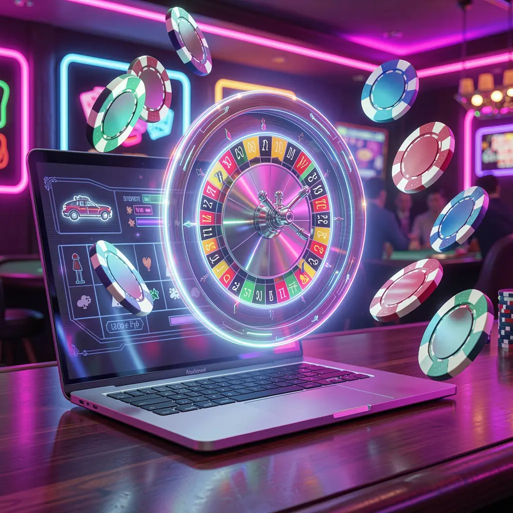 Futuristic online roulette wheel with glowing effects and flying casino chips showcasing the immersive gaming environment of 9I999 casino in Bangladesh