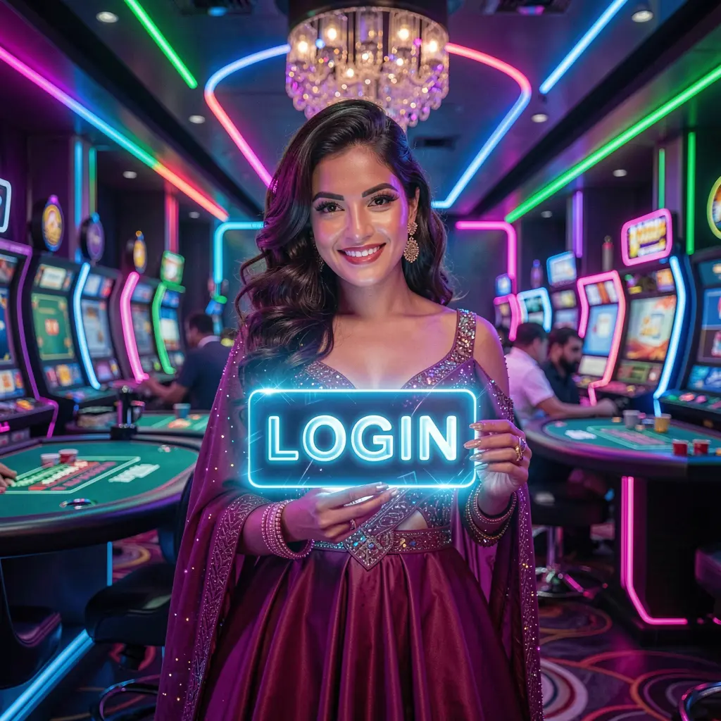 Confident Bangladeshi woman holding a glowing login card in a neon casino environment representing secure access to the 9I999 platform