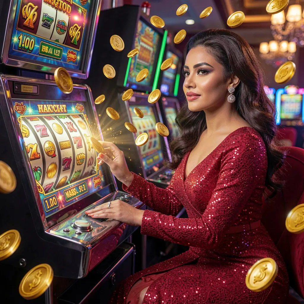 Elegant woman in a sparkling red dress enjoying high quality slot gameplay with golden coin effects at 9I999 casino for Bangladesh players